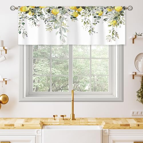 oolygoo Sage Green Eucalyptus Lemon Botanical Leaves Valances Kitchen Curtains Flower Window Drapes Floral Plants Botanical Wildflower Bedroom Bathroom Living Room Treatment Tier 1 Panel 52Wx18H Inch