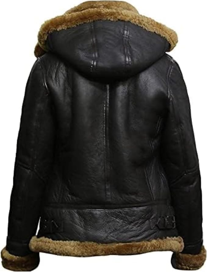 Womens B3 Shearling Bomber Jacket Raf Aviator Pilot Genuine Sheepskin Brown Leather Jacket Removable Hoodie - Image 3
