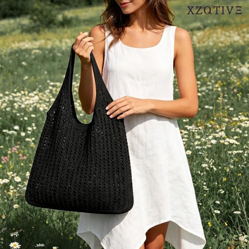 Image of XZQTIVE Crochet Tote Bag for Women Mesh Beach bag for Summer Vacation Aesthetic Hobo Knit Shoulder Bag