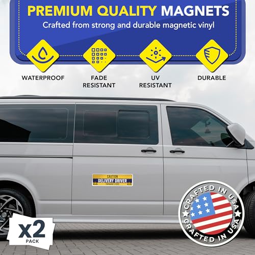 Image of Magnet Me Up Caution Frequent Stops Magnetic Decal - 3x10 Inch 2 Pack, UV Printed Yellow /Blue Automotive Vinyl Sign for Car, Delivery Driver Safety Magnet, Durable Weatherproof Accessory, Made in USA