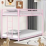LIFE SKY Home Bunk Bed for Kids - Twin Over Twin Metal Bunkbed Frame for Sisters' Bedrooms - Low Profile with Ladder for Girls Aged 6-12 Pink