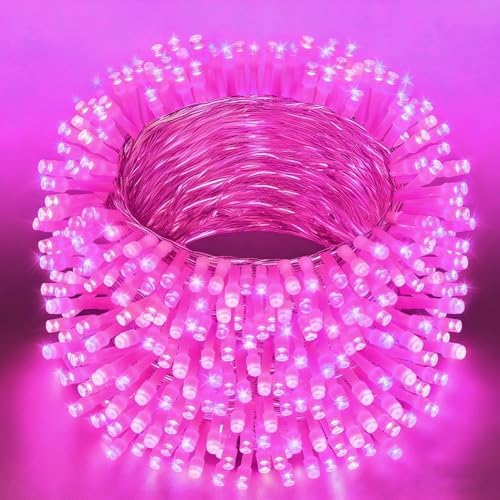 66Ft 200LED Pink Christmas Tree Lights Plug in,8 Modes Connectable Pink String Light Indoor Outdoor for Christmas Tree Bedroom Garden Decor (Clear Wire)