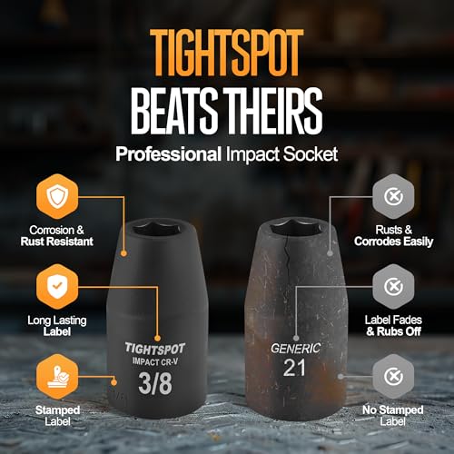 Image of TIGHTSPOT 1 /2 Inch Drive 3 /8 Inch Shallow Impact Socket with Anti-Rounding 6 Point Design, Heat-Treated CRV Steel