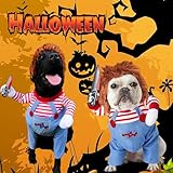 Halloween Kostüme für Hunde, Deadly Doll Verkleidungen für Haustier, Hund Schreckliches Kostüm, Lustige Hund Party Kleidung, Hundekostüm mit Messer Perücke, für Halloween Haustier Cosplay Party