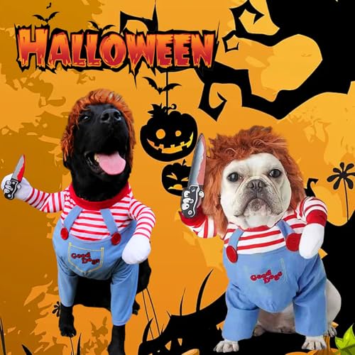 Halloween Kostüme für Hunde, Deadly Doll Verkleidungen für Haustier, Hund Schreckliches Kostüm, Lustige Hund Party Kleidung, Hundekostüm mit Messer Perücke, für Halloween Haustier Cosplay Party