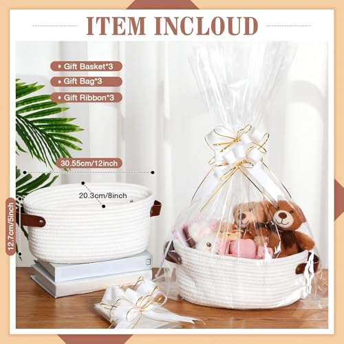 Image of Colingmill 3 Pack Easter Small Woven Basket for Gifts with Handles Clear Bags and Ribbons Empty Storage Basket Decorative Chest Box for Easter Wedding Present(White,12 inchx 8 inchx 5 inch)