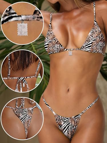 Image of OWICA Women's Sexy Triangle Bikini Sets Cheeky Thong Swimsuit Adjustable Spaghetti Straps Bathing Suit