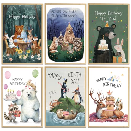 24 Pack Woodland Animals Birthday Cards Bulk, Rustic Forest Animal Birthday Cards with Envelopes & Stickers, Boxed Watercolor Bday Card Set for Kid, Friend, Family, 6 Assorted Designs, 4x6 Inch