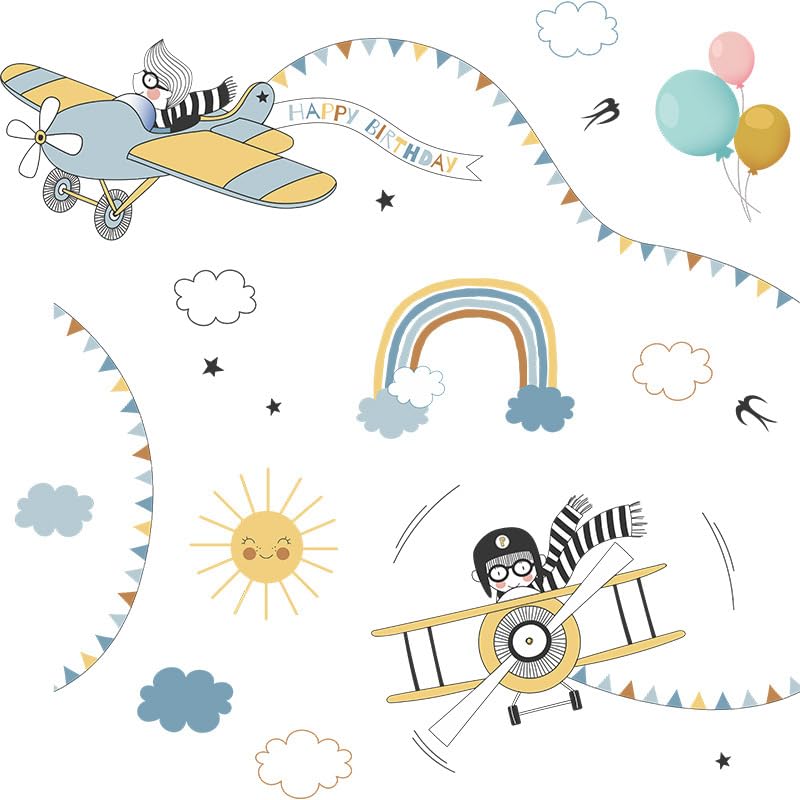 Image of Adorable Flying Airplane Bunny Rabbit Nursery Mural Wallpaper with Sun, Rainbow, Balloons, Happy Birthday Garland and Clouds Background Children's Bedroom, Playroom D�cor