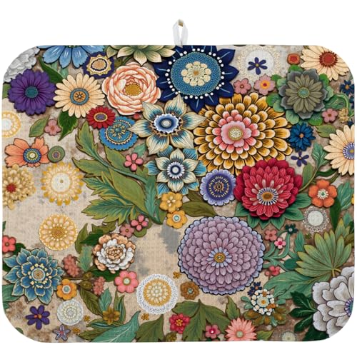 Dish Drying Mat for Kitchen Counter 16x18 Inch, Super Absorbent Dish Drainer Mat, Decorative Microfiber Dishes Drying Pad-Small(Luxurious flowers)