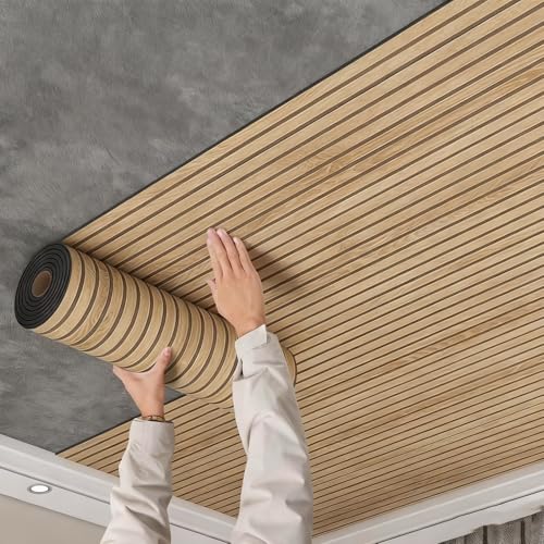 Minglez Dalle de Plafond Panneaux Muraux Décoratifs Imitation Bois 3D, Papier Peint Adhésif en Mousse Épaisse pour Cuisine/Salon, Dalles de Plafond en Rouleau pour Faux Plafond(0.6x3.0 m/2x10ft)
