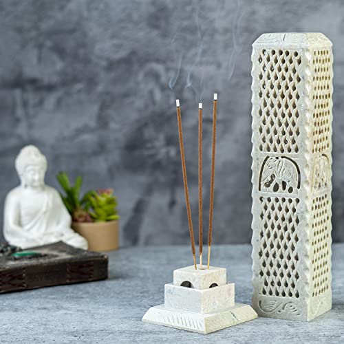 Crocon Handmade Soapstone Incense Stick Tower Burner Elephant And Jali Design Square Burner Incense Stick & Candle Holder Home & Living Room Decoration Item Best Gift Set Size - Lxwxh, 3X3X10 Inch #TOP5