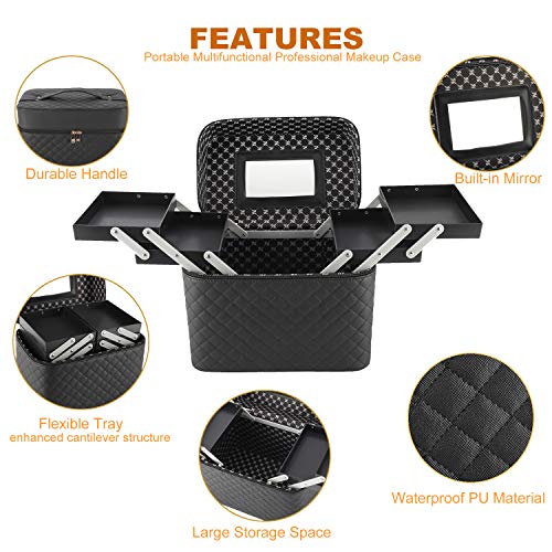 Highfree 4 Layer Foldable Tray Makeup Cosmetic Case With Mirror, Waterproof Black Portable Train Organizer Case, Large Capacity Multifunctional Toiletry Box #TOP3