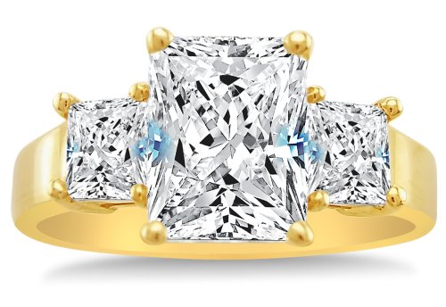Size 7 - Solid 14K Yellow Gold 3 Three Stone Emerald-Cut/Shape Solitaire With Princess Cut Side Stones Highest Quality Cz Cubic Zirconia Engagement Ring 2.5Ct. #TOP1