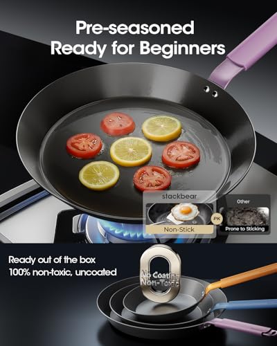 Image of Carbon Steel Frying Pan 12 Inch, Nitrided Steel Skillet, Preseasoned Rust Resistant Large Cooking Pan with Ergonomic Handle & Removable Silicone Grip, Induction & Oven Safe