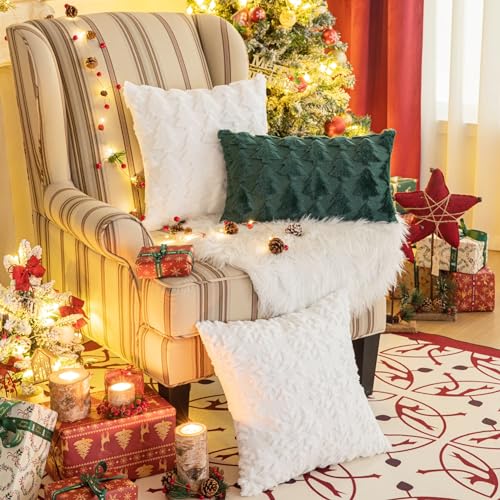 Set of 2 Christmas Tree Throw Pillow Covers 12x20 Inch, Soft Faux Fur Green Decorative Xmas Throw Pillows for Couch Sofa Holiday Winter Decor by AQOTHES - Image 6