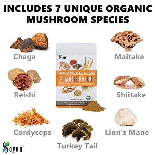Sayan-7-Mushrooms-USDA-Organic-Extract-Powder-Blend-Supplement-4-oz-113g-Chaga-Reishi-Cordyceps-Maitake-Shiitake-Lions-Mane-and-Turkey-Tail-No-Fillers-Add-to-Coffee-or-Tea-Fruiting-Body