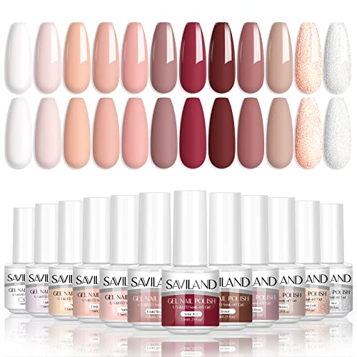 Saviland Nude Gel Nail Polish Set- 12 Colors Nudes Glitter Colors Series Elegant Gel Polish Soak Off U V Led Gel Nail Art Starter Manicure Set For Nail Salon & Home Diy #TOP18