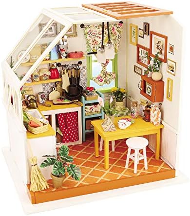 Hands Craft DIY Miniature Dollhouse Kit - Jason's Kitchen 3D Model Wooden Furniture Tiny House Building with LED Lights Wood Pre Cut Pieces Puzzle 1:24 Scale for Teens and Adults DG105