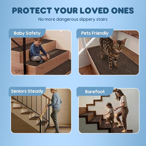 Peel and Stick Self Adhesive Jute Carpet Stair Treads, 15 Pack Rubber Backed Basement Safety Stair Mats, Non Slip Stair Cover Step Pads for Stairs, Deep Brown by GOYLSER - Image 7