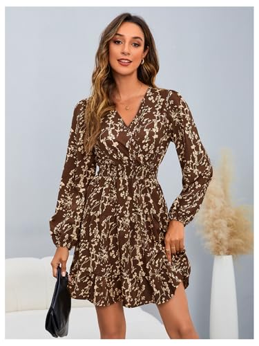 MakeMeChic Women's Long Sleeve Floral Short Dress Wrap V Neck Elastic Waist Casual Dresses4