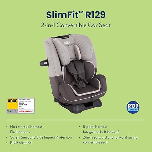 Graco SlimFit R129 All-in-One Convertible Car Seat, Birth to 12 years (40-145cm). Rearward facing until approx. 4yrs (40-105cm), Forward facing from approx. 3.5 to 12 years (100-145cm), Iron fashion