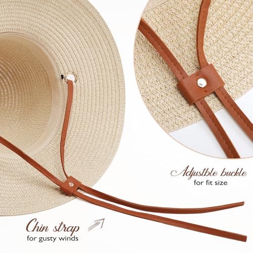 Image of Womens Beach Sun Straw Hat, Wide Brim Sun Hat Travel Foldable Summer Wind Lanyard UPF 50+