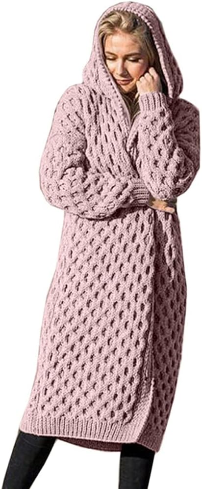 Koodred Women's Casual Open Front Long Sleeve Knit Cardigan Sweater Warm Hooded Outwear Coat