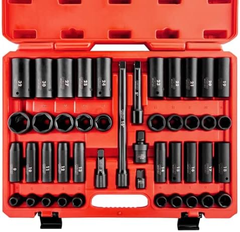 NEIKO 02330A 1/2 Impact Socket Set, 45 Piece Deep and Shallow Assortment, Metric Sizes 9mm to 32mm, Chrome Vanadium Steel, Extension Bars, Universal Joint and Adapter, 1/2" Drive Deep Well Socket Set
