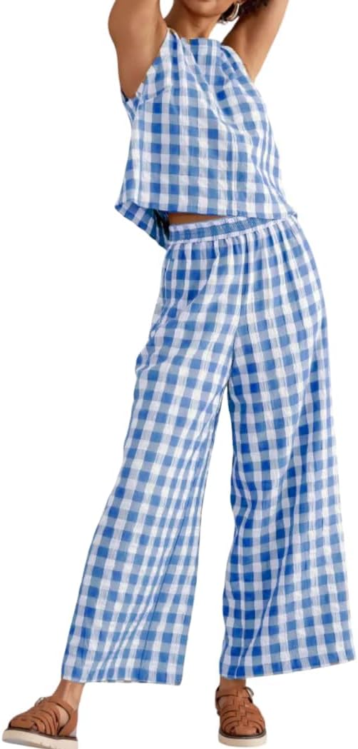 codcm Women 2 Piece Summer Outfits Gingham Lounge Set Y2k Plaid Sleeveless Top Wide Leg Pants Matching Set