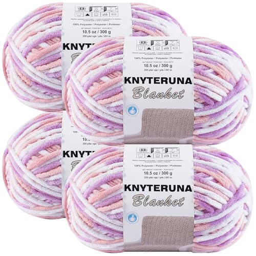 Knyteruna #6 Super Bulky Blanket Yarn for Crocheting - 4 Skeins(Each 10.5oz/300g 220yds/201m) Chunky Chenille Thick Plush Big Soft Yarn for Crocheting Knitting Blankets Purple & Pink & White