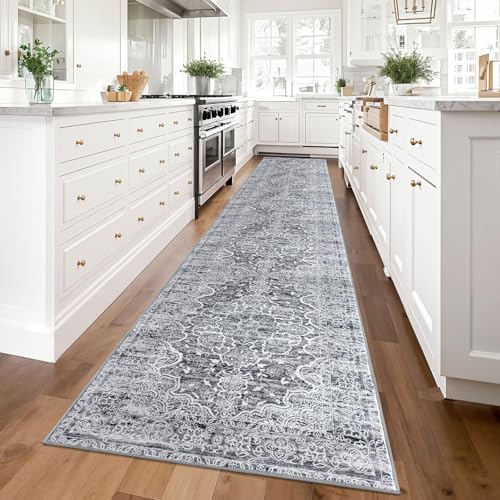 KUTA Vintage Floral Washable Runner Rug 2.6x14, Non-Slip Hallway Kitchen Rugs Grey White with Rubber Backing, Ultra Soft Printed Classic Vintage Floral Extra Long 14ft Carpet Runners