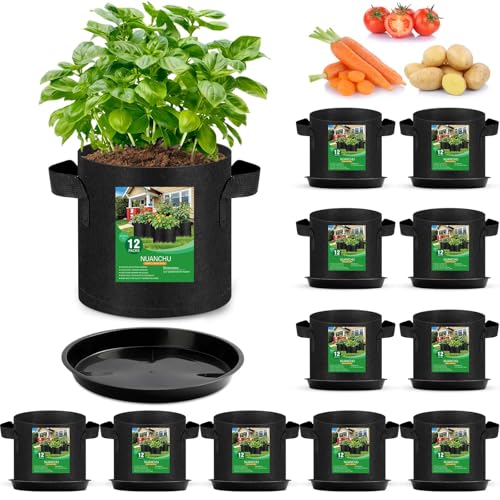 Image of Funnymoom 12 Set 3 Gallon Grow Bag Fabric Plant Pot with Saucer and Handles