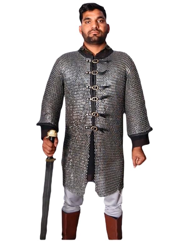 THE MEDIEVALS Chainmail Shirt with Leather Trimming 09mm Flat Rivited Ring SCA Armor Mild Steel Solid Ring