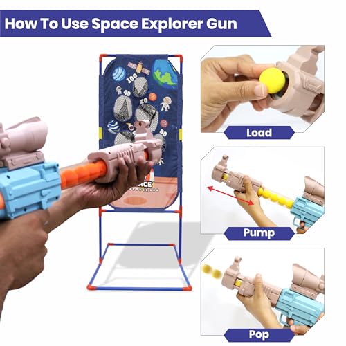 Image of Aditi Toys Space Explorer Pack of 2 Pneumatic Guns with Net Stand, 48 Foam Balls, Indoor /Outdoor Safe Play for Kids 5+, BIS Approved (Brown)