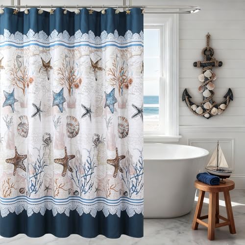 DS BATH Nautical Coastal Fabric Shower Curtain Navy Blue, Beach Ocean Theme Seashell Starfish Shower Curtain, Waterproof Under The Sea Seahorse Decorative Bathroom Curtains, 72" W x 72" H