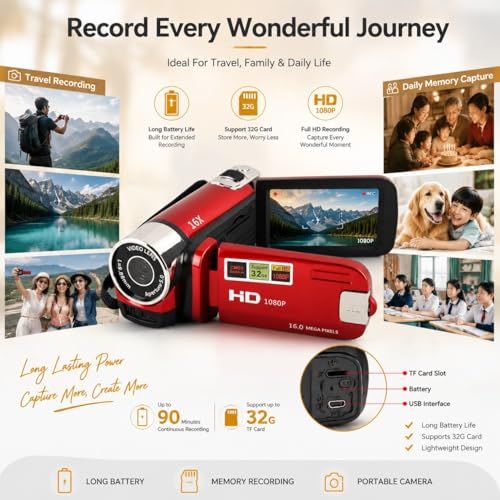 CamCrorder 4K Vintage, Caméscope Rétro 48MP, Caméra DV 2,7 Pouces TFT Écran Rotatif 16x Caméra Vidéo de Zoom Numérique avec Câble USB (Rouge)