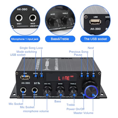 Image of 800W Amplifier Home Audio, Bluetooth 5.0, RMS 40Wx2, 2 Channel Amplifier with USB SD BT.C FM AUX for Home Theater Karaoke, Garage, Backyard, Theater, Outdoor, Poolside