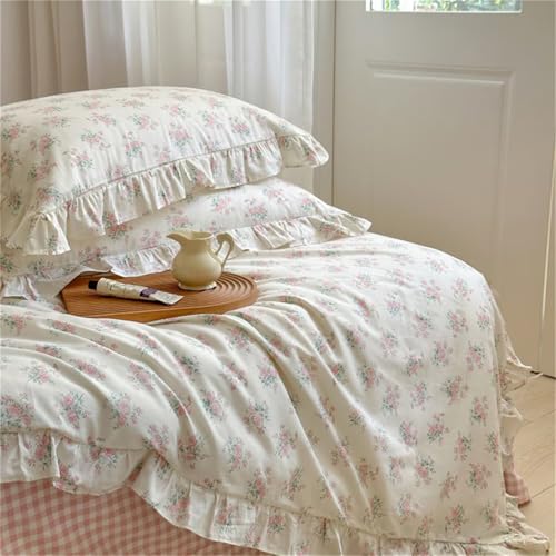 Image of MKXI King Size Floral Duvet Cover Set - 100% Cotton Ruffled Bedding with Pink Blossom Pattern, Sweet Cottagecore Aesthetic Comforter Cover for Teen Girls & Women