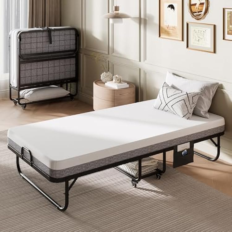 Einhomn Folding Bed with Mattress, 76 x 38 Inch Roll Away Foldable Bed Frame with Storage Shelf & Side Pocket, Twin Size Portable Fold Up Guest Bed with Heavy-Duty Metal Frame for Adults, Space Saving