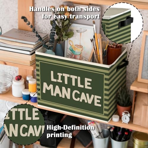 Image of Little Man Cave Boys Storage Bins Box with Handles, Olive Green Striped Boho Collapsible Basket Organizer for Kids Boys Playroom Nursery Room Bedroom Bathroom Books Clothes