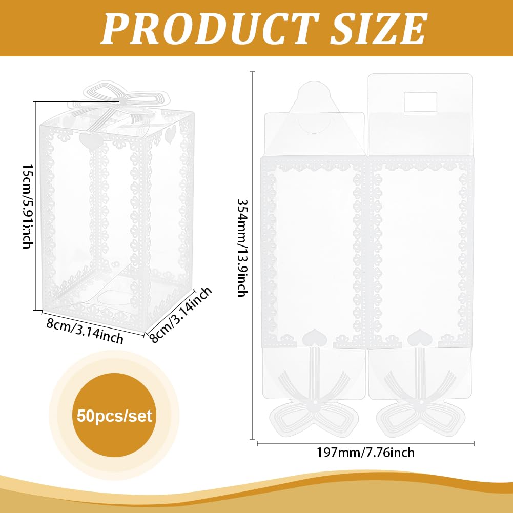 BENECREAT 50 pz 8x8x15cm Scatole Portaconfetti In PVC, Scatole Trasparenti per Bomboniere con Motivo A Fiocco Rettangolare per Caramelle e Cioccolatini, Confezione Regalo per Festival