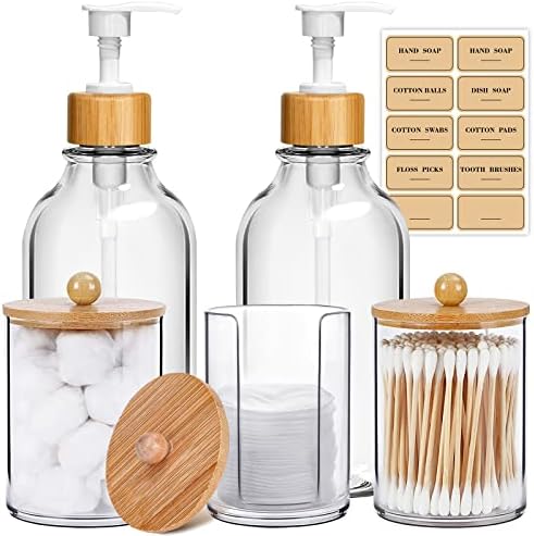 MIERTING Bathroom Accessories Set 5 Pcs, Bamboo Bathroom Accessory Sets Complete, Soap Dispenser and Toothbrush Holder Set, Qtip & Cotton Ball Holder, Boho Bathroom Decor, Housewarming Gift
