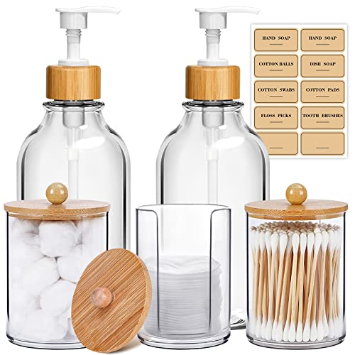 Mierting Bathroom Accessories Set 5 Pcs, Bamboo Bathroom Accessory Sets Complete, Soap Dispenser And Toothbrush Holder Set, Qtip & Cotton Ball Holder, Boho Bathroom Decor, Housewarming Gift #TOP18