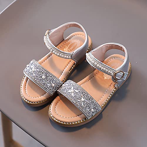 Enjocho Sport Shoes For Children Toddler Girl Sandals Easter Flower Girl Dress Shoes Open Toe Little Kid Summer Flats (Silver, 8 Years) #TOP5
