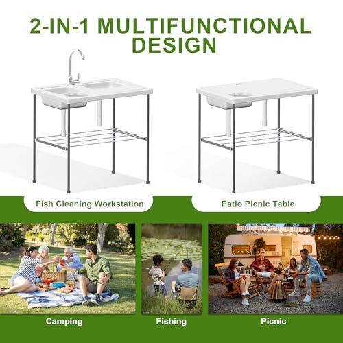 THUNDERBAY Portable Folding Fish Game Cleaning Camp Table Heavy Duty 40\'\'Fillet Table with Double Sink and Faucet - Thumbnail 5
