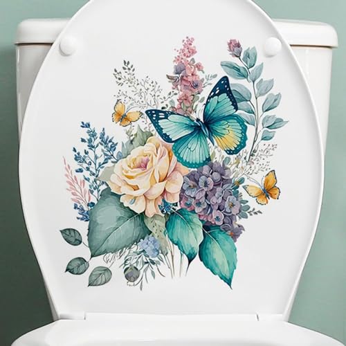 WC Aufkleber, Pfingstrose Schmetterlinge Badezimmer WC Sitz Deckel Abdeckung Abziehbilder Wasserdicht Selbstklebend Wandaufkleber für Badezimmer Dekor Toilettendeckel Abziehbilder