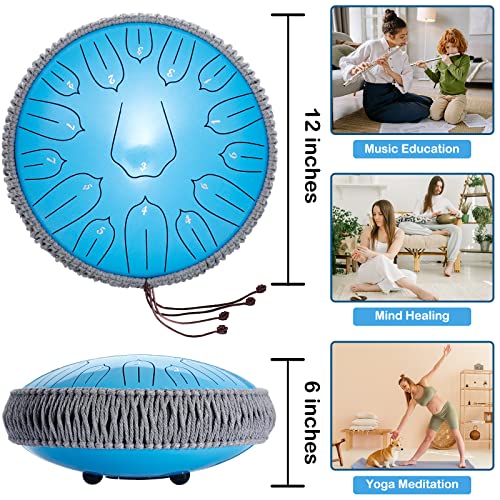 Lronbird Steel Tongue Drum for Adults, 12 Inch 15 Note Hand Drums with Travel Bag Mallets Music Book, D Major Musical Instruments - Concert Percussion - Sound Healing Gifts (Blue)