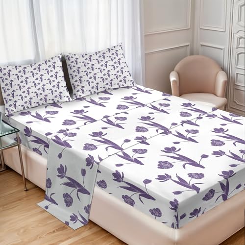 Ambesonne Purple Tulip Sheet Set, Monochromatic Pattern of Silhouette Design