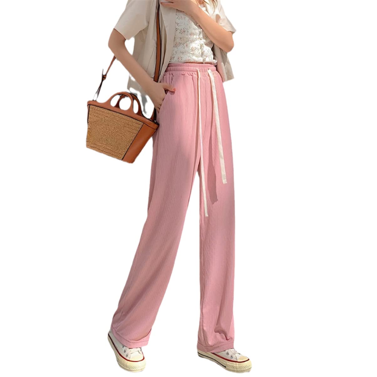 Wide-Leg Womens Ice Silk Pants High Waist Loose White Black Pants